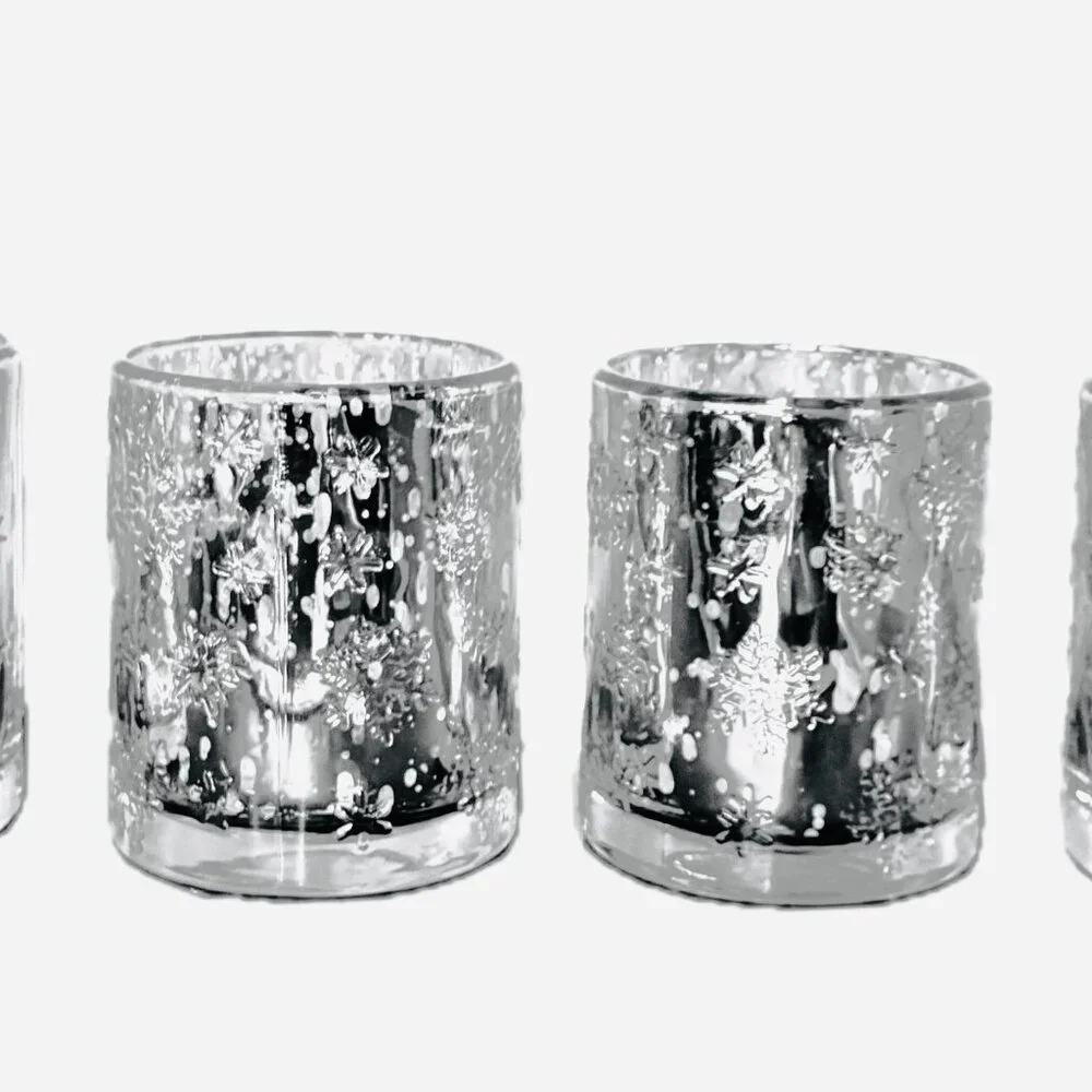 4 Mercury Glass Candle Holders Holiday Decor Embossed Snowflakes  New